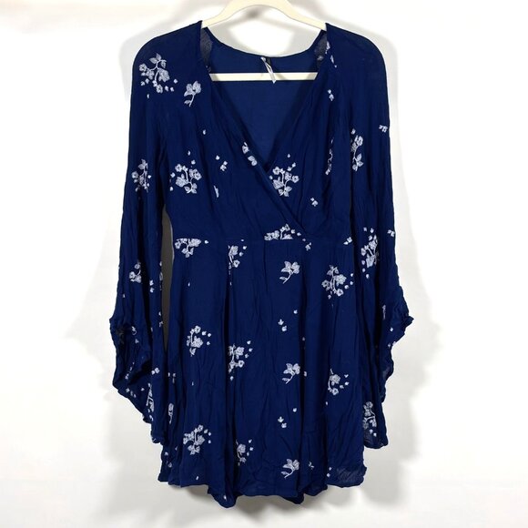 Free People Jasmine Embroidered Bell Sleeve Mini Dress Navy - Size 4 - Picture 2 of 7